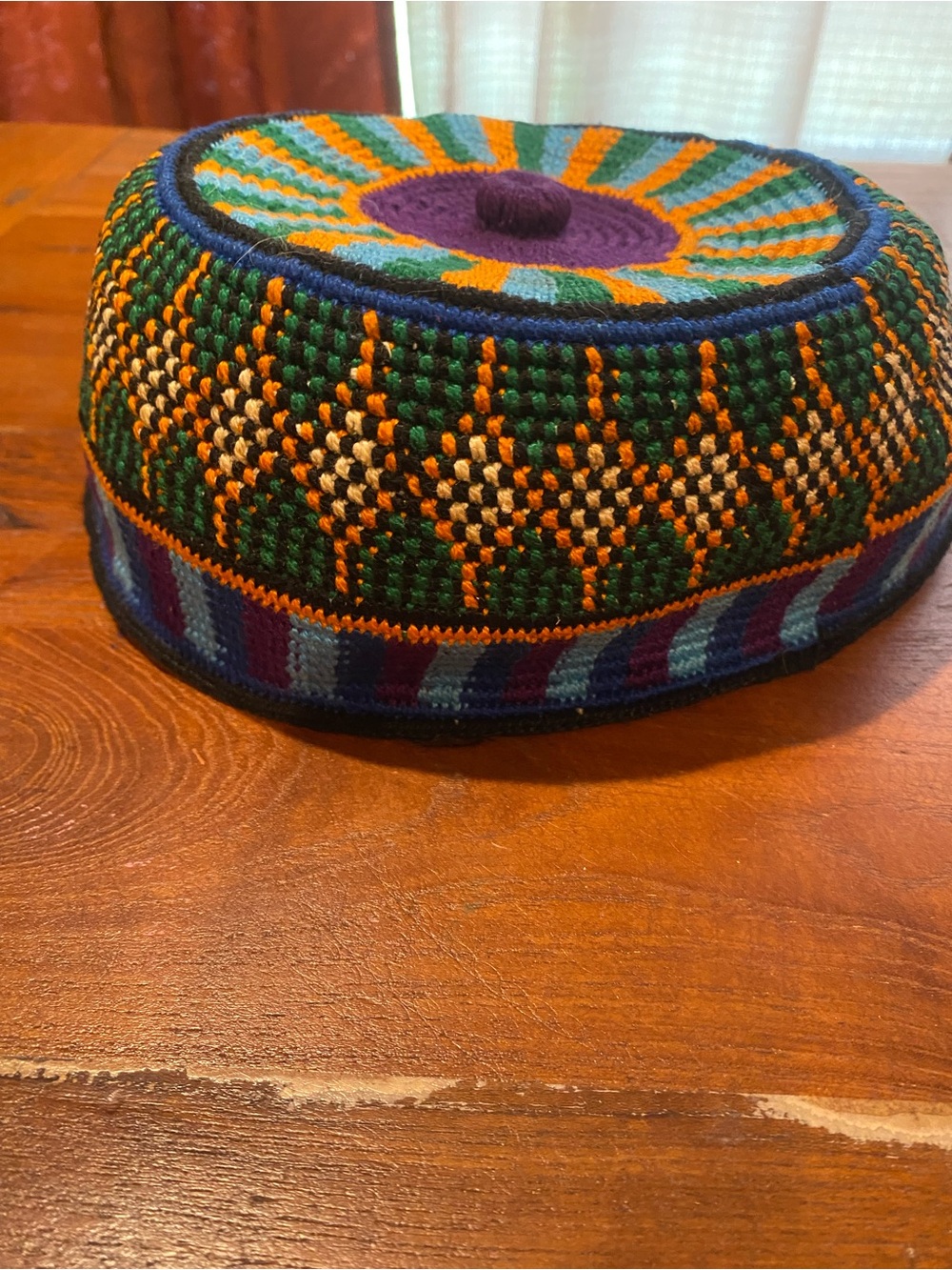 Hand-Crocheted Traditional Kufi Hat with Knob Top- Multicolor